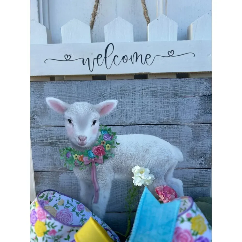Easter Picket Fence Door Wreath with Lamb, Wood Porch Decoration, Floral Accents